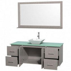 60 inch Single Bathroom Vanity in Gray Oak, Green Glass Countertop, Pyra White Porcelain Sink, and 58 inch Mirror