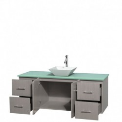 60 inch Single Bathroom Vanity in Gray Oak, Green Glass Countertop, Pyra White Porcelain Sink, and No Mirror