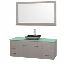 60 inch Single Bathroom Vanity in Gray Oak, Green Glass Countertop, Altair Black Granite Sink, and 58 inch Mirror