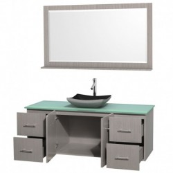 60 inch Single Bathroom Vanity in Gray Oak, Green Glass Countertop, Altair Black Granite Sink, and 58 inch Mirror