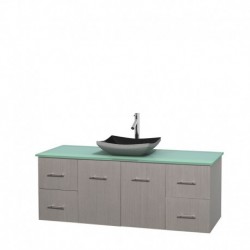 60 inch Single Bathroom Vanity in Gray Oak, Green Glass Countertop, Altair Black Granite Sink, and No Mirror