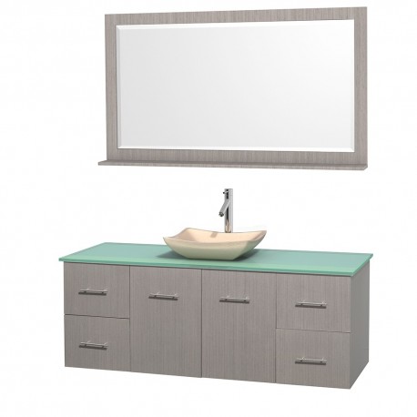 60 inch Single Bathroom Vanity in Gray Oak, Green Glass Countertop, Avalon Ivory Marble Sink, and 58 inch Mirror