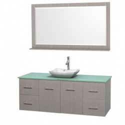 60 inch Single Bathroom Vanity in Gray Oak, Green Glass Countertop, Avalon White Carrera Marble Sink, and 58 inch Mirror