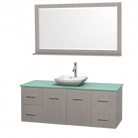60 inch Single Bathroom Vanity in Gray Oak, Green Glass Countertop, Avalon White Carrera Marble Sink, and 58 inch Mirror