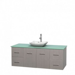60 inch Single Bathroom Vanity in Gray Oak, Green Glass Countertop, Avalon White Carrera Marble Sink, and No Mirror