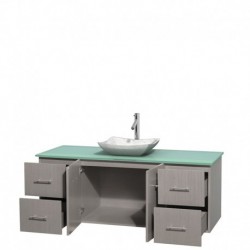 60 inch Single Bathroom Vanity in Gray Oak, Green Glass Countertop, Avalon White Carrera Marble Sink, and No Mirror