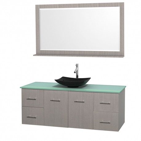 60 inch Single Bathroom Vanity in Gray Oak, Green Glass Countertop, Arista Black Granite Sink, and 58 inch Mirror