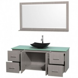60 inch Single Bathroom Vanity in Gray Oak, Green Glass Countertop, Arista Black Granite Sink, and 58 inch Mirror