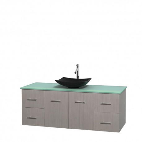 60 inch Single Bathroom Vanity in Gray Oak, Green Glass Countertop, Arista Black Granite Sink, and No Mirror