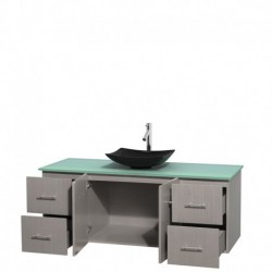60 inch Single Bathroom Vanity in Gray Oak, Green Glass Countertop, Arista Black Granite Sink, and No Mirror