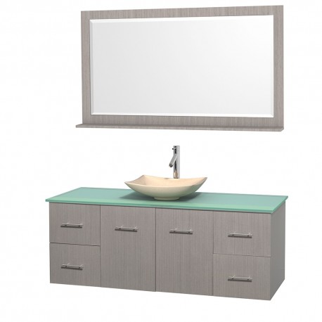 60 inch Single Bathroom Vanity in Gray Oak, Green Glass Countertop, Arista Ivory Marble Sink, and 58 inch Mirror