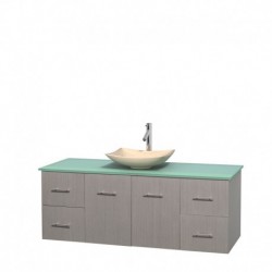 60 inch Single Bathroom Vanity in Gray Oak, Green Glass Countertop, Arista Ivory Marble Sink, and No Mirror