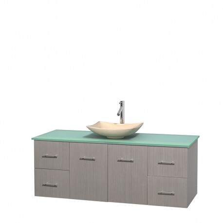 60 inch Single Bathroom Vanity in Gray Oak, Green Glass Countertop, Arista Ivory Marble Sink, and No Mirror