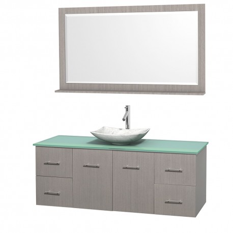 60 inch Single Bathroom Vanity in Gray Oak, Green Glass Countertop, Arista White Carrera Marble Sink, and 58 inch Mirror