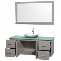 60 inch Single Bathroom Vanity in Gray Oak, Green Glass Countertop, Arista White Carrera Marble Sink, and 58 inch Mirror