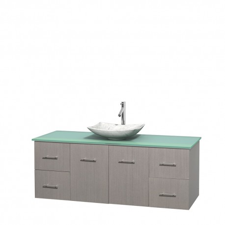60 inch Single Bathroom Vanity in Gray Oak, Green Glass Countertop, Arista White Carrera Marble Sink, and No Mirror