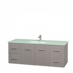 60 inch Single Bathroom Vanity in Gray Oak, Green Glass Countertop, Undermount Square Sink, and No Mirror