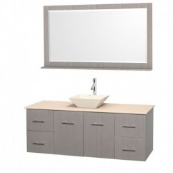 60 inch Single Bathroom Vanity in Gray Oak, Ivory Marble Countertop, Pyra Bone Porcelain Sink, and 58 inch Mirror