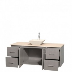 60 inch Single Bathroom Vanity in Gray Oak, Ivory Marble Countertop, Pyra Bone Porcelain Sink, and No Mirror