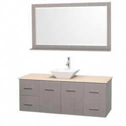 60 inch Single Bathroom Vanity in Gray Oak, Ivory Marble Countertop, Pyra White Porcelain Sink, and 58 inch Mirror