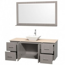 60 inch Single Bathroom Vanity in Gray Oak, Ivory Marble Countertop, Pyra White Porcelain Sink, and 58 inch Mirror
