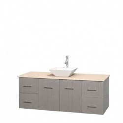 60 inch Single Bathroom Vanity in Gray Oak, Ivory Marble Countertop, Pyra White Porcelain Sink, and No Mirror