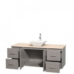 60 inch Single Bathroom Vanity in Gray Oak, Ivory Marble Countertop, Pyra White Porcelain Sink, and No Mirror