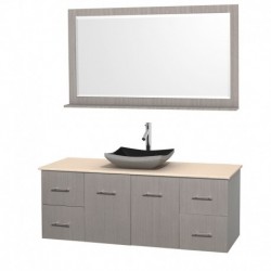 60 inch Single Bathroom Vanity in Gray Oak, Ivory Marble Countertop, Altair Black Granite Sink, and 58 inch Mirror