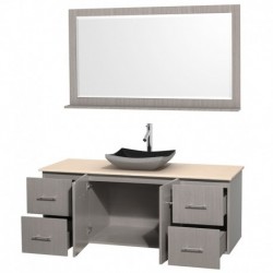 60 inch Single Bathroom Vanity in Gray Oak, Ivory Marble Countertop, Altair Black Granite Sink, and 58 inch Mirror