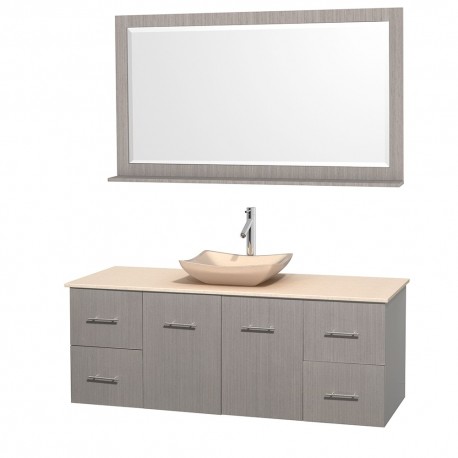 60 inch Single Bathroom Vanity in Gray Oak, Ivory Marble Countertop, Avalon Ivory Marble Sink, and 58 inch Mirror