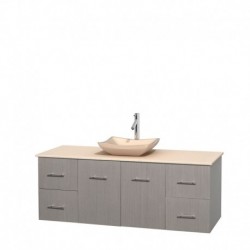 60 inch Single Bathroom Vanity in Gray Oak, Ivory Marble Countertop, Avalon Ivory Marble Sink, and No Mirror