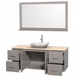 60 inch Single Bathroom Vanity in Gray Oak, Ivory Marble Countertop, Avalon White Carrera Marble Sink, and 58 inch Mirror