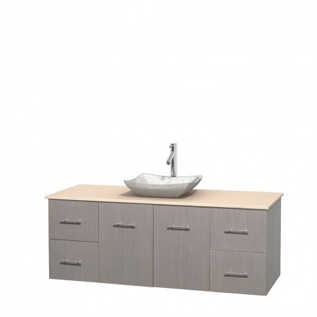 60 inch Single Bathroom Vanity in Gray Oak, Ivory Marble Countertop, Avalon White Carrera Marble Sink, and No Mirror