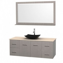 60 inch Single Bathroom Vanity in Gray Oak, Ivory Marble Countertop, Arista Black Granite Sink, and 58 inch Mirror