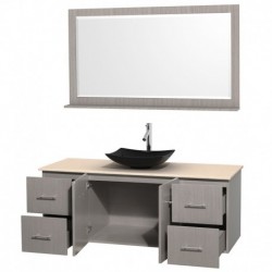 60 inch Single Bathroom Vanity in Gray Oak, Ivory Marble Countertop, Arista Black Granite Sink, and 58 inch Mirror