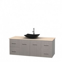 60 inch Single Bathroom Vanity in Gray Oak, Ivory Marble Countertop, Arista Black Granite Sink, and No Mirror