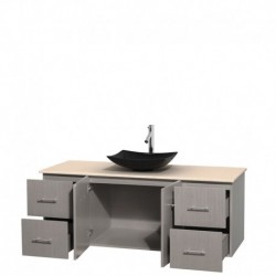60 inch Single Bathroom Vanity in Gray Oak, Ivory Marble Countertop, Arista Black Granite Sink, and No Mirror