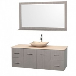 60 inch Single Bathroom Vanity in Gray Oak, Ivory Marble Countertop, Arista Ivory Marble Sink, and 58 inch Mirror