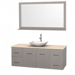 60 inch Single Bathroom Vanity in Gray Oak, Ivory Marble Countertop, Arista White Carrera Marble Sink, and 58 inch Mirror