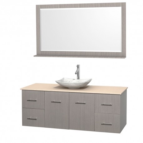 60 inch Single Bathroom Vanity in Gray Oak, Ivory Marble Countertop, Arista White Carrera Marble Sink, and 58 inch Mirror