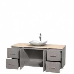 60 inch Single Bathroom Vanity in Gray Oak, Ivory Marble Countertop, Arista White Carrera Marble Sink, and No Mirror