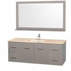 60 inch Single Bathroom Vanity in Gray Oak, Ivory Marble Countertop, Square Porcelain Undermount Sink, and 58 inch Mirror