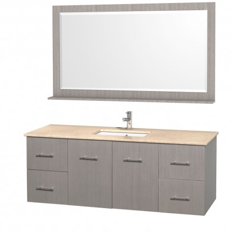 60 inch Single Bathroom Vanity in Gray Oak, Ivory Marble Countertop, Square Porcelain Undermount Sink, and 58 inch Mirror