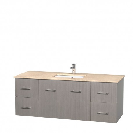 60 inch Single Bathroom Vanity in Gray Oak, Ivory Marble Countertop, Undermount Square Sink, and No Mirror