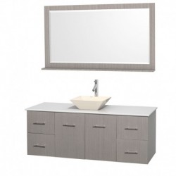 60 inch Single Bathroom Vanity in Gray Oak, White Man-Made Stone Countertop, Pyra Bone Porcelain Sink, and 58 inch Mirror