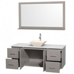 60 inch Single Bathroom Vanity in Gray Oak, White Man-Made Stone Countertop, Pyra Bone Porcelain Sink, and 58 inch Mirror