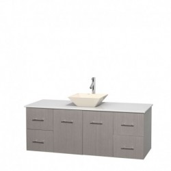 60 inch Single Bathroom Vanity in Gray Oak, White Man-Made Stone Countertop, Pyra Bone Porcelain Sink, and No Mirror