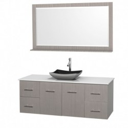 60 inch Single Bathroom Vanity in Gray Oak, White Man-Made Stone Countertop, Altair Black Granite Sink, and 58 inch Mirror