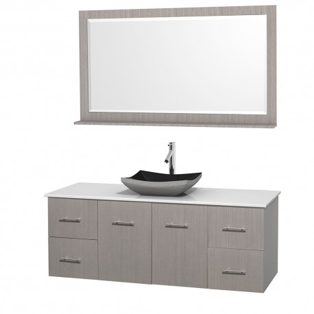 60 inch Single Bathroom Vanity in Gray Oak, White Man-Made Stone Countertop, Altair Black Granite Sink, and 58 inch Mirror