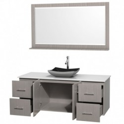 60 inch Single Bathroom Vanity in Gray Oak, White Man-Made Stone Countertop, Altair Black Granite Sink, and 58 inch Mirror